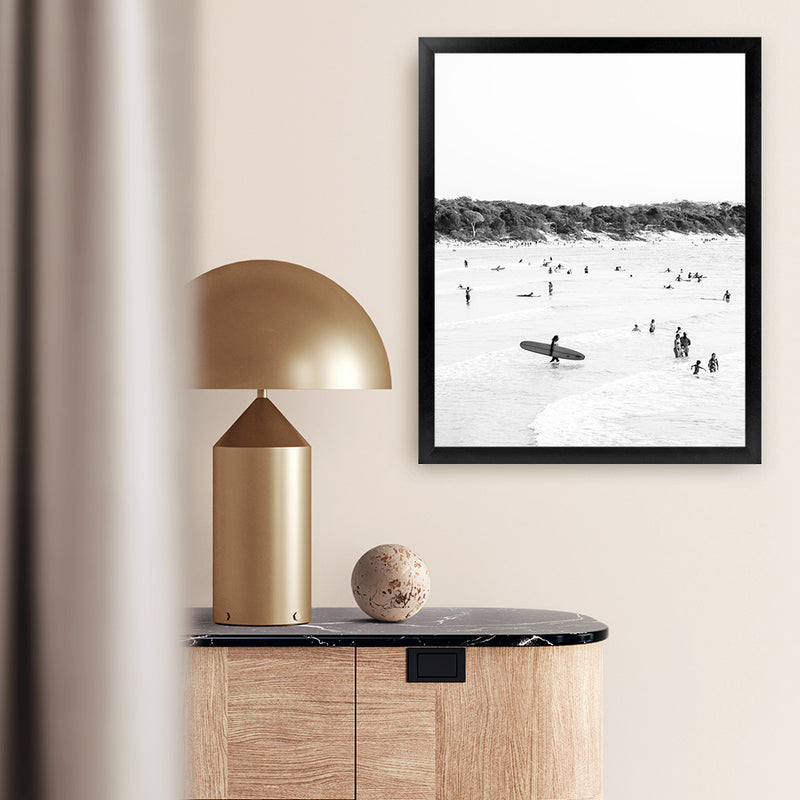 Shop Byron Surfer II B&W Photo Art Print-Black, Coastal, Grey, People, Photography, Portrait, Tropical, View All, White-framed poster wall decor artwork