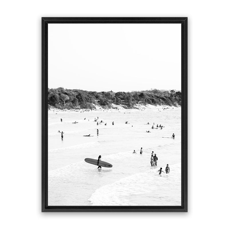 Shop Byron Surfer II B&W Photo Canvas Art Print-Black, Coastal, Grey, People, Photography, Photography Canvas Prints, Portrait, Tropical, View All, White-framed wall decor artwork