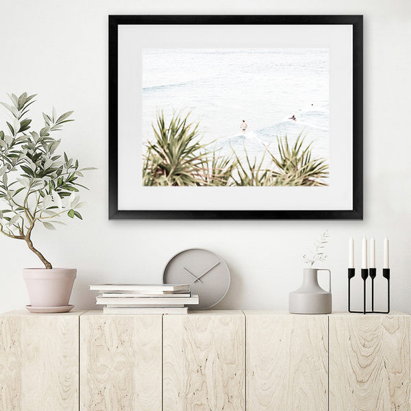Shop Byron Surfers Photo Art Print-Boho, Coastal, Green, Horizontal, Landscape, Photography, Rectangle, View All, White-framed poster wall decor artwork