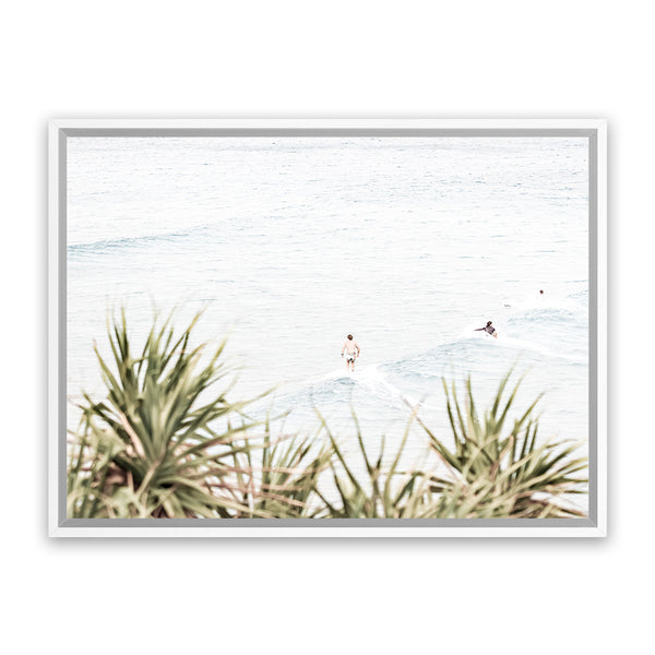 Shop Byron Surfers Photo Canvas Art Print-Boho, Coastal, Green, Horizontal, Landscape, Photography, Photography Canvas Prints, Rectangle, View All, White-framed wall decor artwork