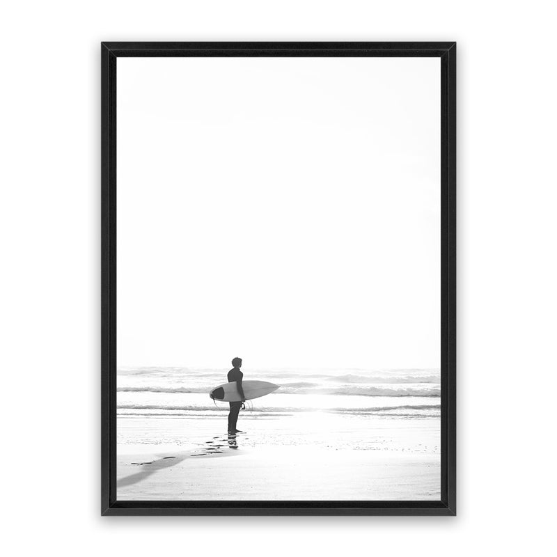 Shop Surfer On The Sand Photo Canvas Art Print-Black, Boho, Coastal, Grey, People, Photography, Photography Canvas Prints, Portrait, View All, White-framed wall decor artwork