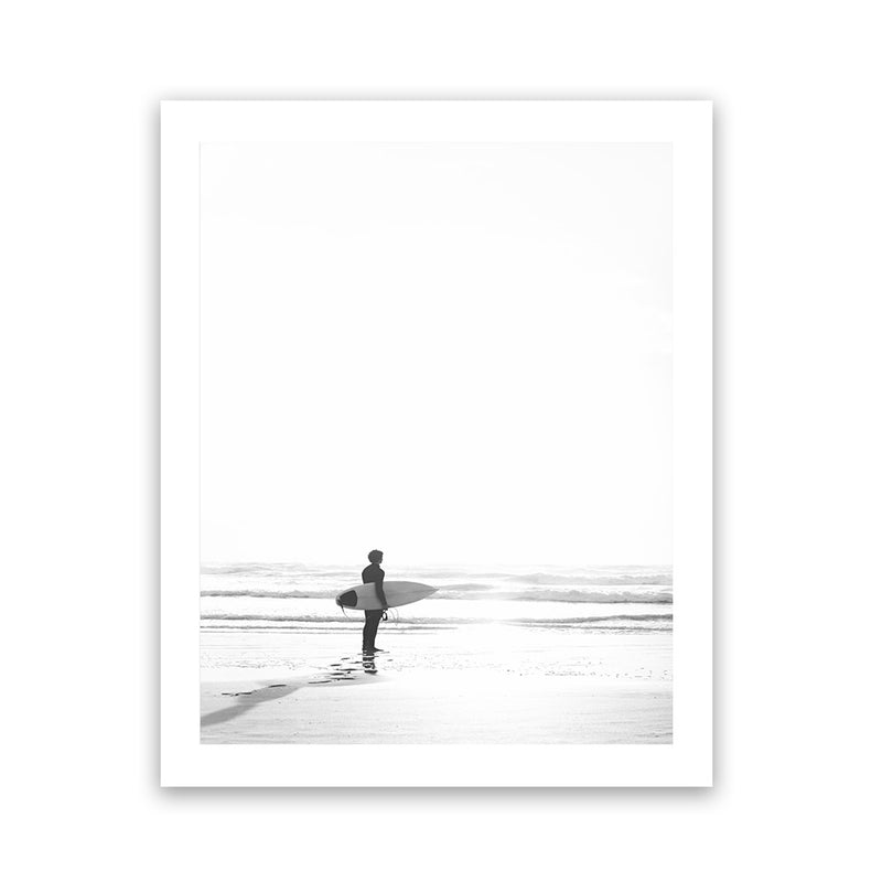 Shop Surfer On The Sand Photo Photo Art Print-Black, Boho, Coastal, Grey, People, Photography, Portrait, Scandinavian, View All, White-framed poster wall decor artwork