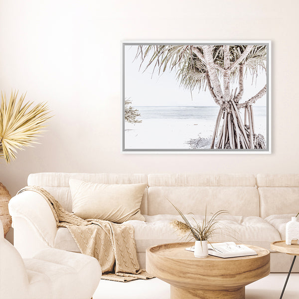 Shop Pandanus Palm Tree Photo Canvas Art Print-Boho, Botanicals, Coastal, Green, Landscape, Neutrals, Photography, Photography Canvas Prints, Tropical, View All, White-framed wall decor artwork