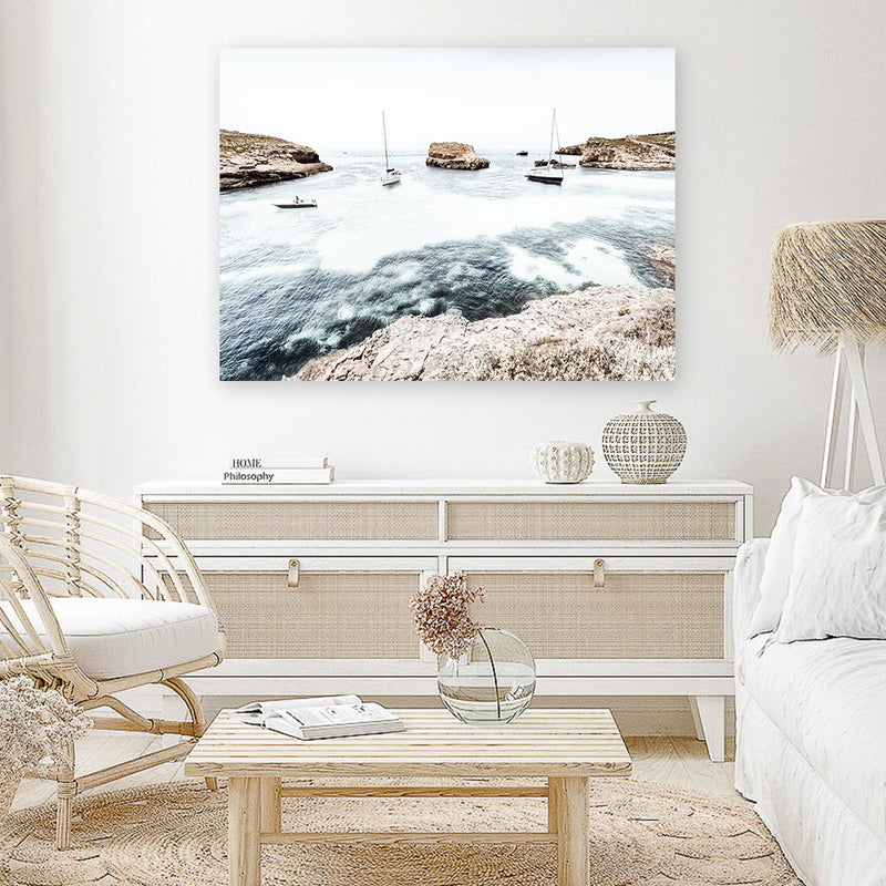 Shop Boats In The Bay Photo Canvas Art Print-Blue, Coastal, Landscape, Photography, Photography Canvas Prints, View All, White-framed wall decor artwork
