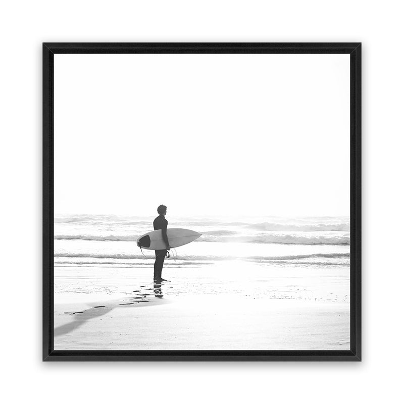 Shop Surfer On The Sand (Square) Canvas Art Print-Black, Boho, Coastal, Grey, People, Photography Canvas Prints, Square, Tropical, View All, White-framed wall decor artwork