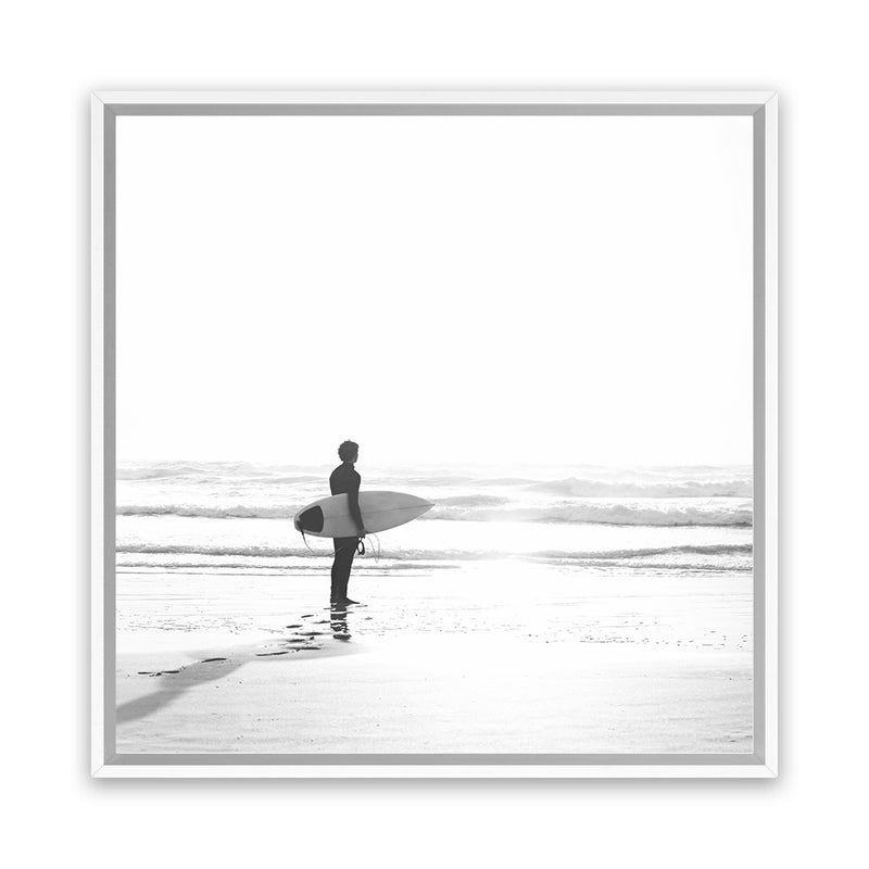 Shop Surfer On The Sand (Square) Canvas Art Print-Black, Boho, Coastal, Grey, People, Photography Canvas Prints, Square, Tropical, View All, White-framed wall decor artwork