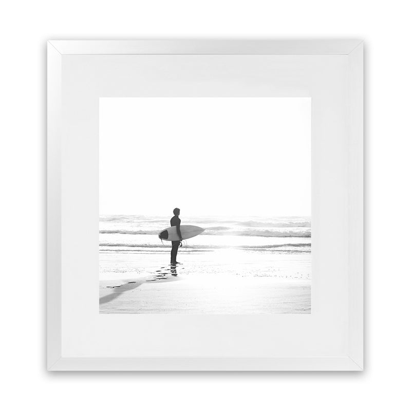 Shop Surfer On The Sand (Square) Photo Art Print-Black, Boho, Coastal, Grey, People, Photography, Square, Tropical, View All, White-framed poster wall decor artwork