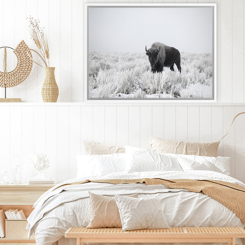 Shop Snow Buffalo Photo Canvas Art Print-Animals, Grey, Horizontal, Landscape, Photography, Photography Canvas Prints, Rectangle, View All-framed wall decor artwork