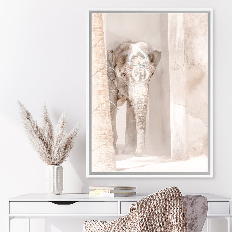 Shop Elephant Steps Photo Canvas Art Print-Animals, Baby Nursery, Boho, Moroccan Days, Neutrals, Photography, Photography Canvas Prints, Pink, Portrait, View All-framed wall decor artwork