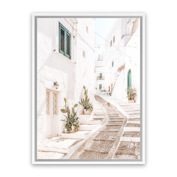 Shop Ostuni Laneway I Photo Canvas Art Print-Amalfi Coast Italy, Boho, Coastal, Neutrals, Photography, Photography Canvas Prints, Portrait, View All, White-framed wall decor artwork