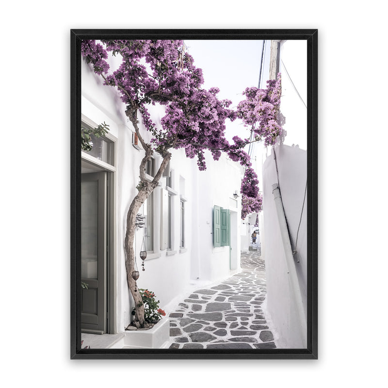 Shop Mykonos Laneway II Photo Canvas Art Print-Boho, Coastal, Florals, Greece, Photography, Photography Canvas Prints, Pink, Portrait, Purple, View All-framed wall decor artwork