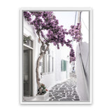 Shop Mykonos Laneway II Photo Canvas Art Print-Boho, Coastal, Florals, Greece, Photography, Photography Canvas Prints, Pink, Portrait, Purple, View All-framed wall decor artwork
