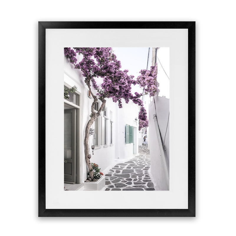 Shop Mykonos Laneway II Photo Art Print-Boho, Coastal, Florals, Greece, Photography, Pink, Portrait, Purple, View All-framed poster wall decor artwork