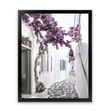 Shop Mykonos Laneway II Photo Art Print-Boho, Coastal, Florals, Greece, Photography, Pink, Portrait, Purple, View All-framed poster wall decor artwork