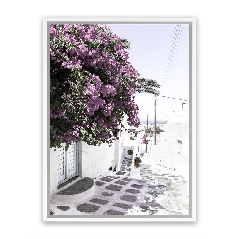 Shop Mykonos Laneway Photo Canvas Art Print-Boho, Coastal, Florals, Greece, Photography, Photography Canvas Prints, Pink, Portrait, Purple, View All-framed wall decor artwork