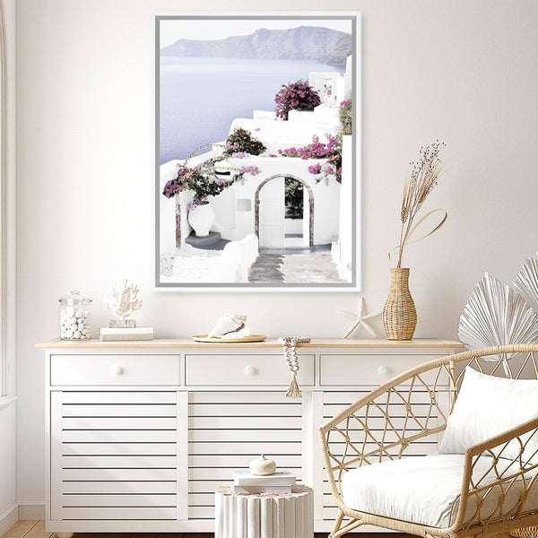 Shop Santorini Views Photo Canvas Art Print-Boho, Coastal, Florals, Greece, Photography, Photography Canvas Prints, Pink, Portrait, Purple, View All, White-framed wall decor artwork