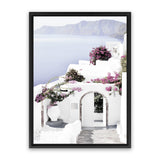 Shop Santorini Views Photo Canvas Art Print-Boho, Coastal, Florals, Greece, Photography, Photography Canvas Prints, Pink, Portrait, Purple, View All, White-framed wall decor artwork