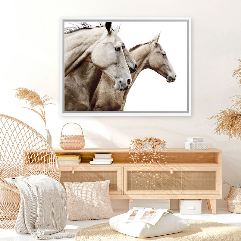 Shop Cream Horses Photo Canvas Art Print-Animals, Brown, Landscape, Photography, Photography Canvas Prints, View All, White-framed wall decor artwork