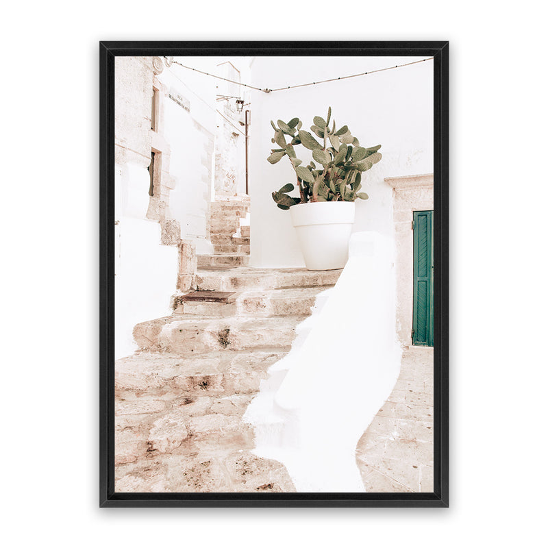 Shop Ostuni Laneway II Photo Canvas Art Print-Amalfi Coast Italy, Boho, Botanicals, Neutrals, Photography, Photography Canvas Prints, Pink, Portrait, View All-framed wall decor artwork