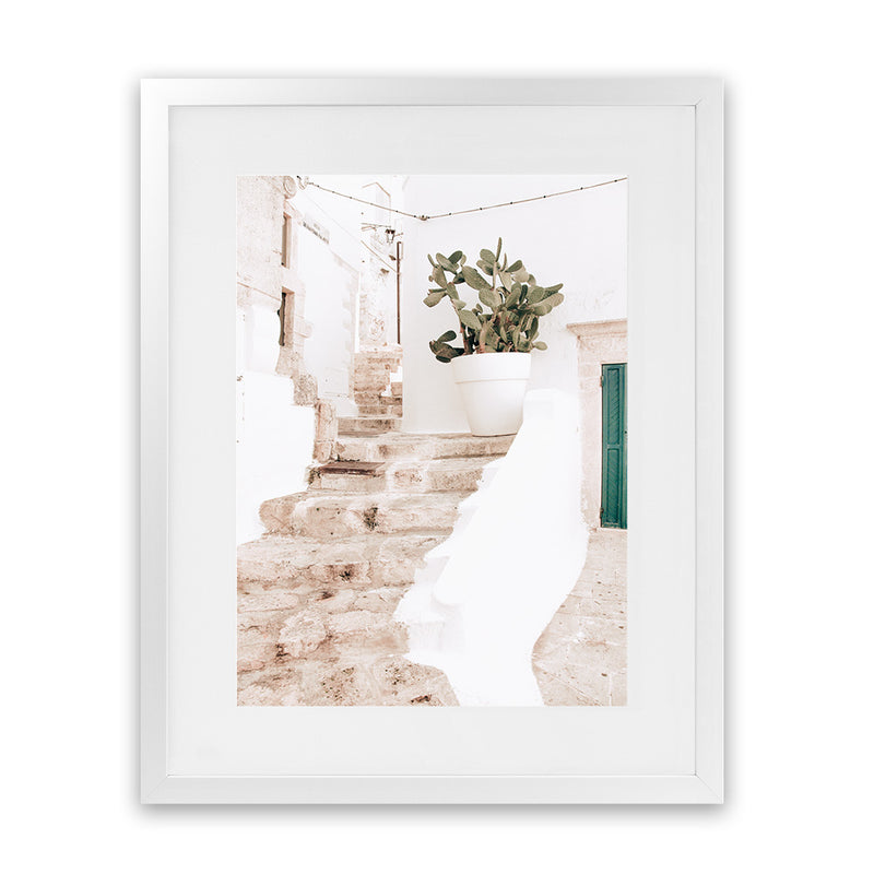 Shop Ostuni Laneway II Photo Art Print-Amalfi Coast Italy, Boho, Botanicals, Coastal, Neutrals, Photography, Pink, Portrait, View All-framed poster wall decor artwork