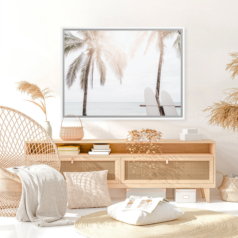 Shop Two Surfboards Photo Canvas Art Print-Boho, Coastal, Landscape, Photography, Photography Canvas Prints, Tropical, View All, White-framed wall decor artwork