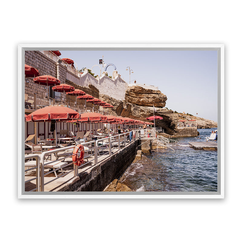 Shop Italian Sea Baths II Photo Canvas Art Print-Amalfi Coast Italy, Blue, Boho, Brown, Coastal, Landscape, Orange, Photography, Photography Canvas Prints, Tropical, View All-framed wall decor artwork