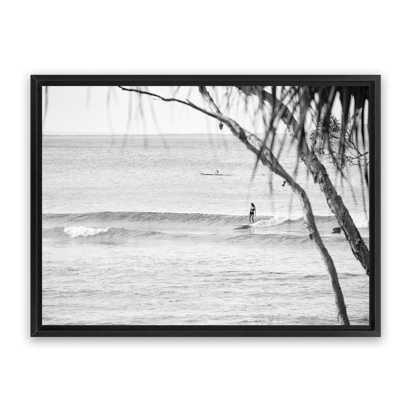 Shop Surfing At Noosa Photo Canvas Art Print-Black, Boho, Coastal, Grey, Landscape, Photography, Photography Canvas Prints, Tropical, View All, White-framed wall decor artwork