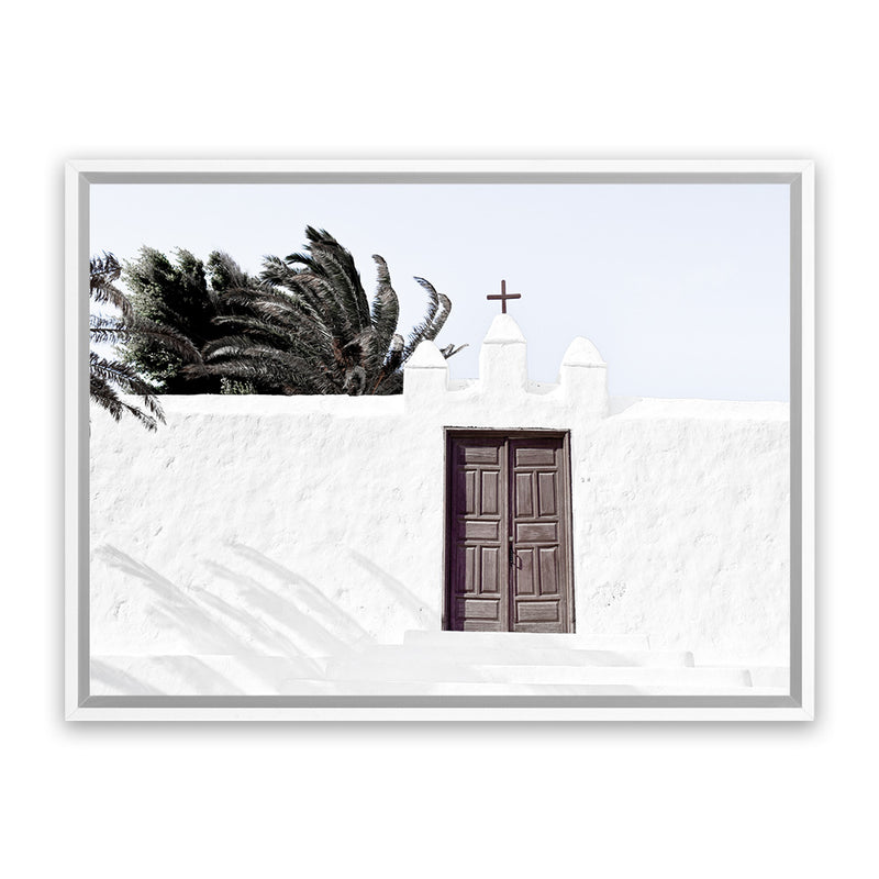 Shop White Spanish Church Photo Canvas Art Print-Boho, Greece, Horizontal, Landscape, Photography Canvas Prints, Rectangle, View All, White-framed wall decor artwork