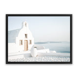 Shop Santorini Church Photo Canvas Art Print-Blue, Coastal, Greece, Photography, Photography Canvas Prints, View All, White-framed wall decor artwork