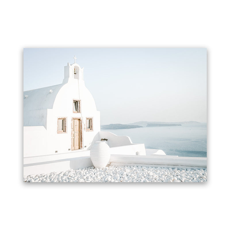 Shop Santorini Church Photo Canvas Art Print-Blue, Coastal, Greece, Photography, Photography Canvas Prints, View All, White-framed wall decor artwork