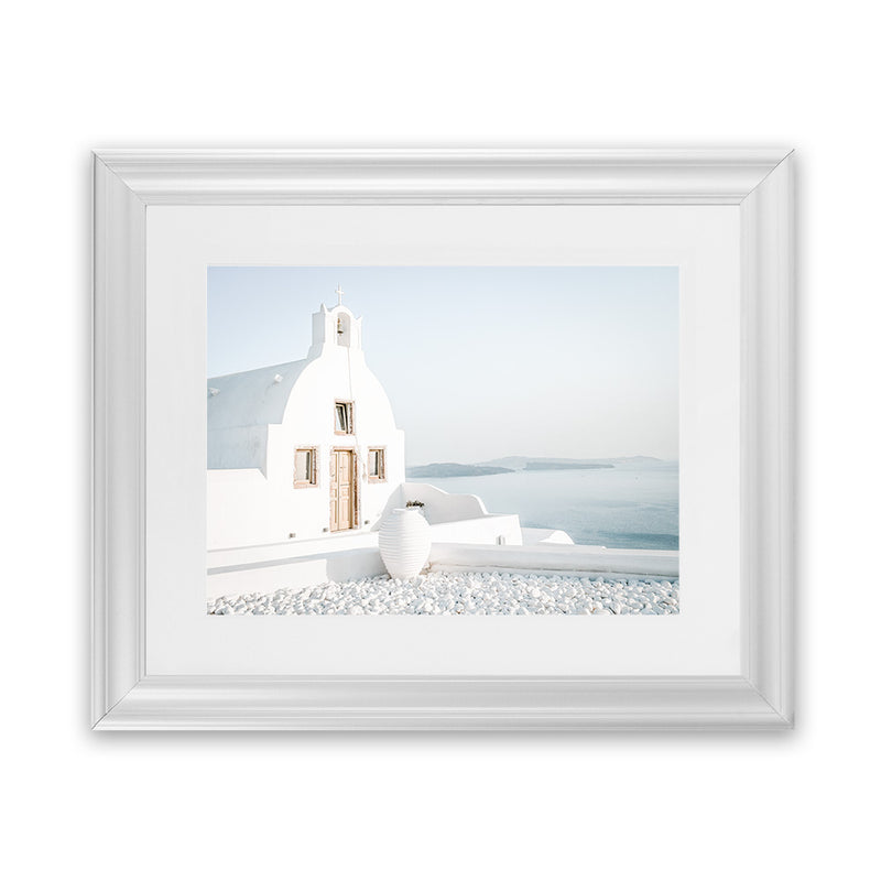 Shop Santorini Church Photo Art Print-Blue, Coastal, Greece, Photography, View All, White-framed poster wall decor artwork