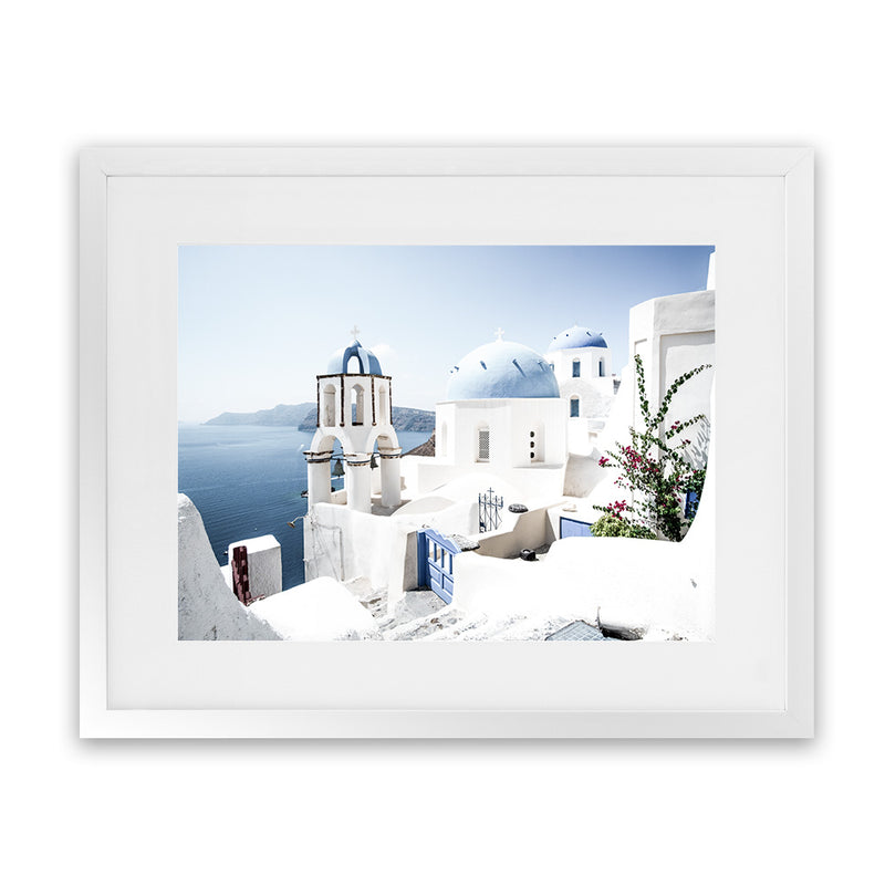 Shop Santorini Vista Photo Art Print-Blue, Coastal, Greece, Landscape, Photography, View All, White-framed poster wall decor artwork