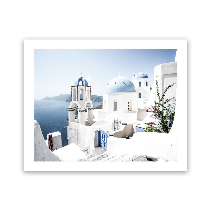 Shop Santorini Vista Photo Art Print-Blue, Coastal, Greece, Landscape, Photography, View All, White-framed poster wall decor artwork