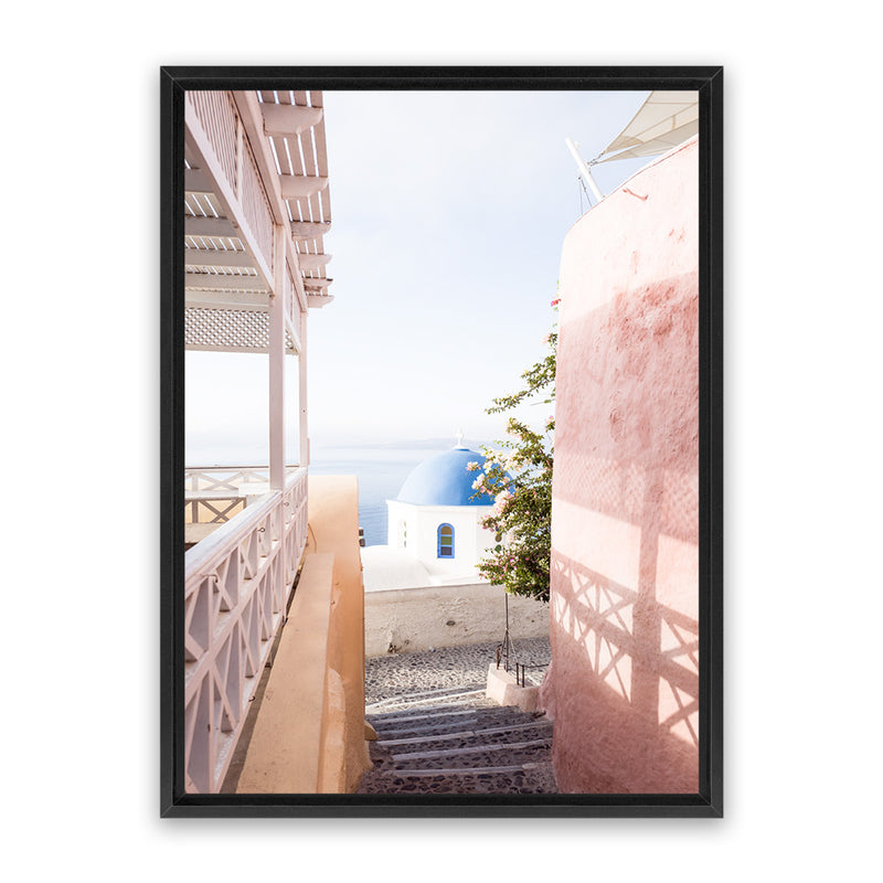 Shop Santorini in Spring Photo Canvas Art Print-Boho, Coastal, Greece, Photography, Photography Canvas Prints, Pink, Portrait, View All-framed wall decor artwork