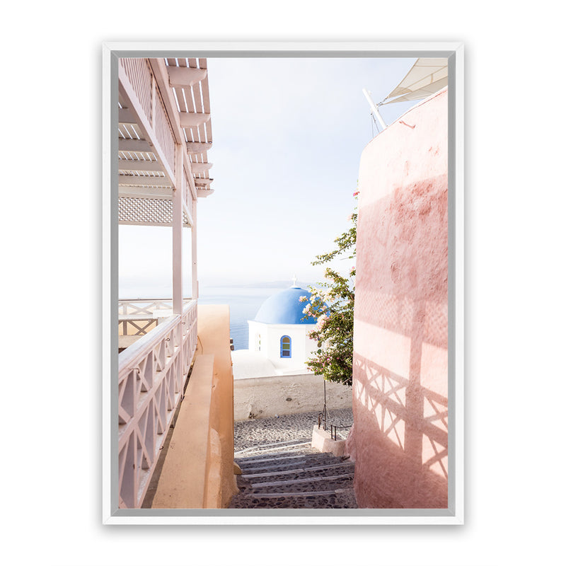 Shop Santorini in Spring Photo Canvas Art Print-Boho, Coastal, Greece, Photography, Photography Canvas Prints, Pink, Portrait, View All-framed wall decor artwork