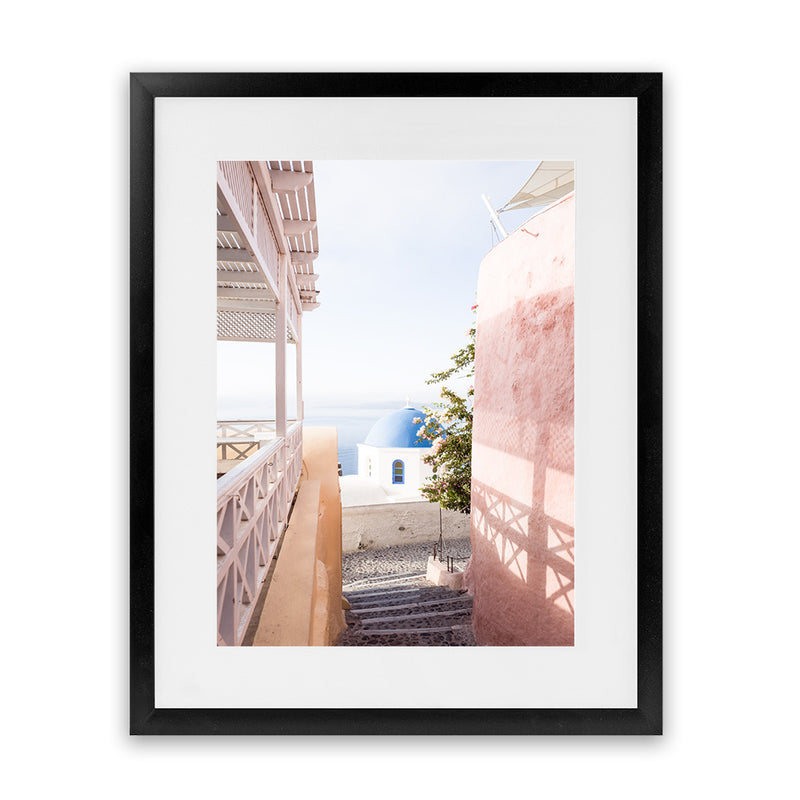 Shop Santorini in Spring Photo Art Print-Boho, Coastal, Greece, Photography, Pink, Portrait, View All-framed poster wall decor artwork