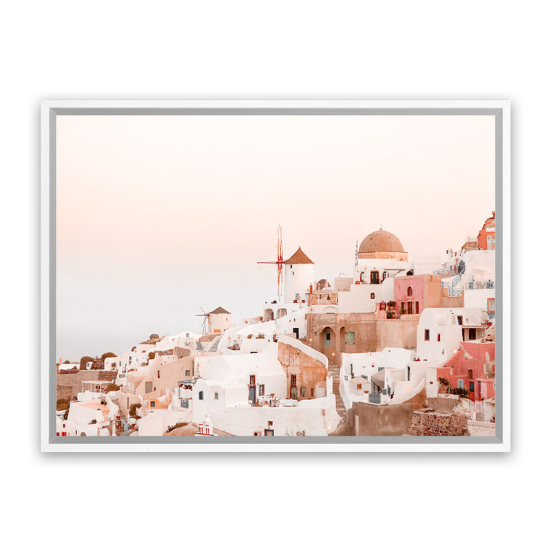Shop Sunset in Santorini Photo Canvas Art Print-Greece, Landscape, Photography, Photography Canvas Prints, Pink, View All-framed wall decor artwork