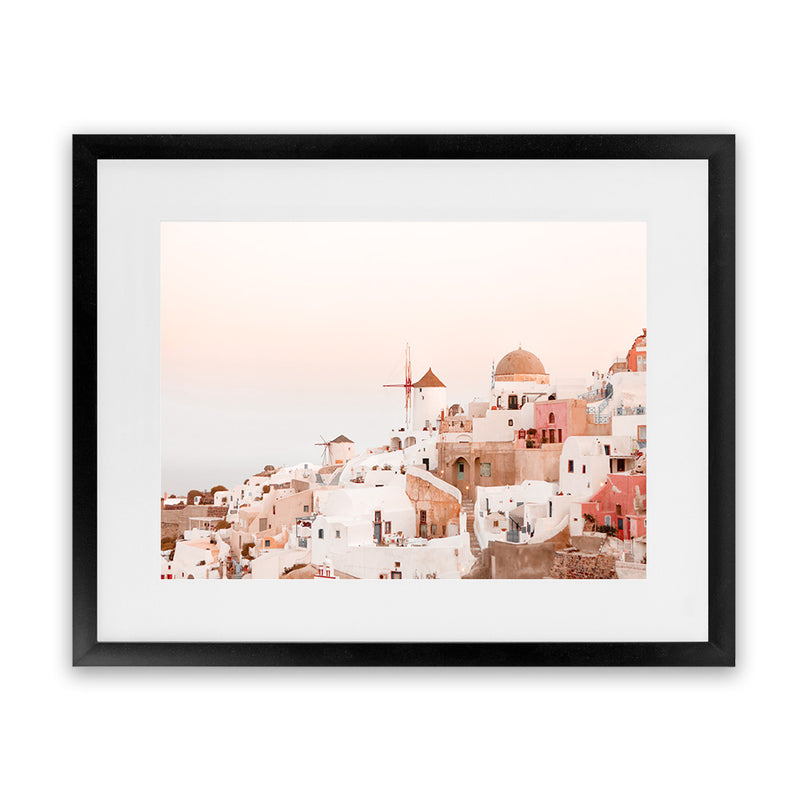 Shop Sunset in Santorini Photo Art Print-Greece, Landscape, Photography, Pink, View All-framed poster wall decor artwork