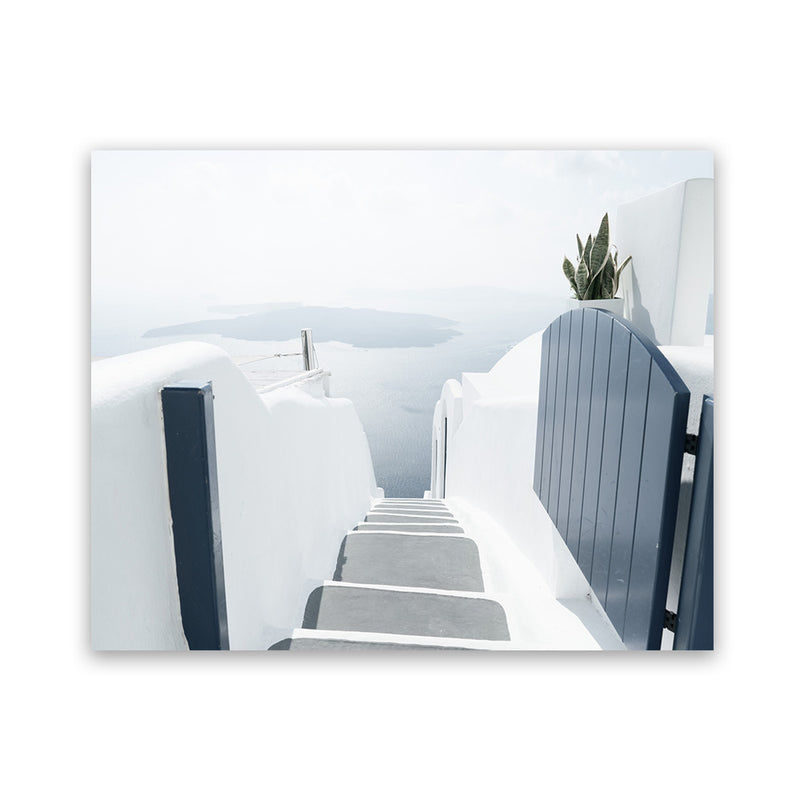 Shop Santorini Stairway Photo Art Print-Blue, Coastal, Greece, Landscape, Photography, View All, White-framed poster wall decor artwork