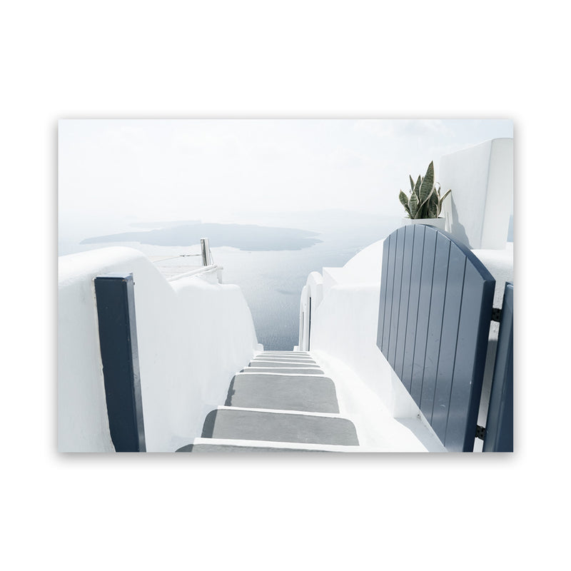 Shop Santorini Stairway Photo Canvas Art Print-Blue, Coastal, Greece, Landscape, Photography, Photography Canvas Prints, View All, White-framed wall decor artwork
