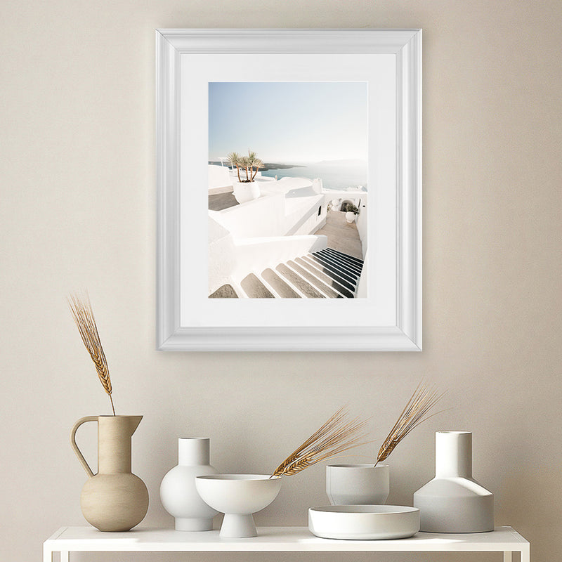 Shop Oia Stairs Photo Art Print-Blue, Coastal, Greece, Photography, Portrait, View All, White-framed poster wall decor artwork