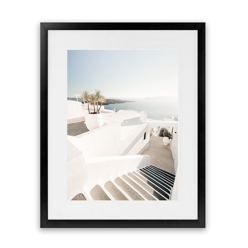 Shop Oia Stairs Photo Art Print-Blue, Coastal, Greece, Photography, Portrait, View All, White-framed poster wall decor artwork
