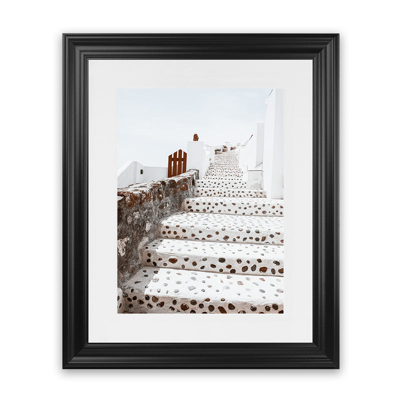 Shop Oia Staircase Photo Art Print-Blue, Greece, Neutrals, Photography, Portrait, View All, White-framed poster wall decor artwork