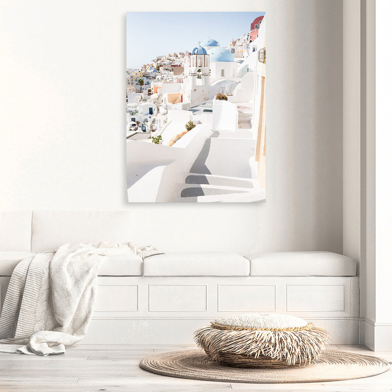 Shop Staircase View Photo Canvas Art Print-Blue, Coastal, Greece, Photography, Photography Canvas Prints, Portrait, View All, White-framed wall decor artwork