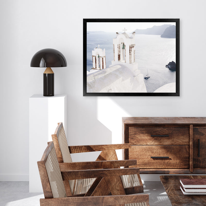 Shop Two White Churches I Photo Art Print-Blue, Coastal, Greece, Landscape, Photography, View All, White-framed poster wall decor artwork