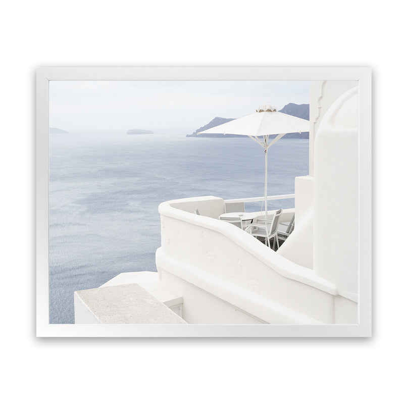 Shop Santorini Terrace I Photo Art Print-Blue, Coastal, Greece, Landscape, Photography, View All, White-framed poster wall decor artwork