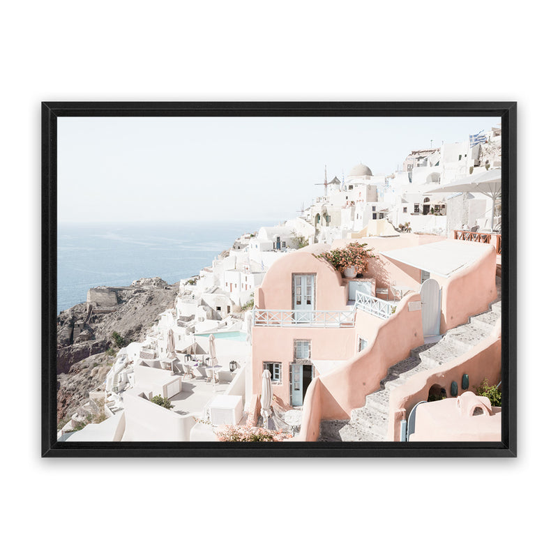 Shop Santorini Pink House I Photo Canvas Art Print-Coastal, Greece, Landscape, Neutrals, Photography, Photography Canvas Prints, Pink, View All-framed wall decor artwork