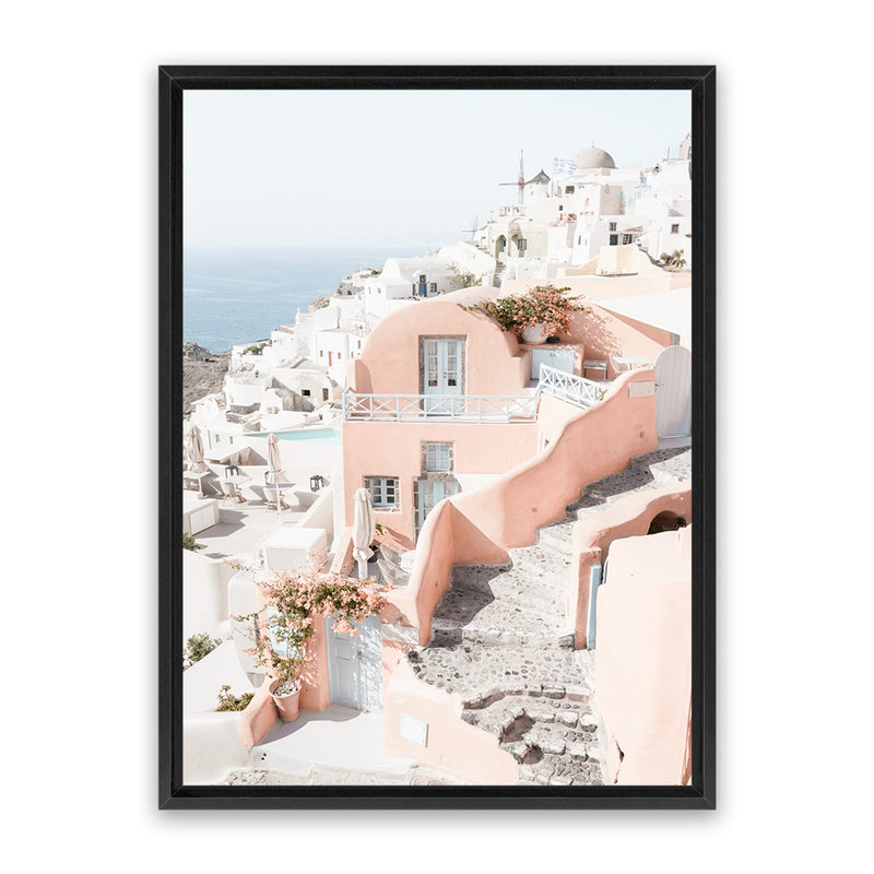 Shop Santorini Pink House II Photo Canvas Art Print-Coastal, Greece, Neutrals, Photography, Photography Canvas Prints, Pink, Portrait, View All-framed wall decor artwork