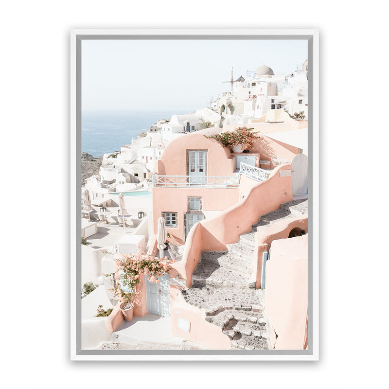Shop Santorini Pink House II Photo Canvas Art Print-Coastal, Greece, Neutrals, Photography, Photography Canvas Prints, Pink, Portrait, View All-framed wall decor artwork