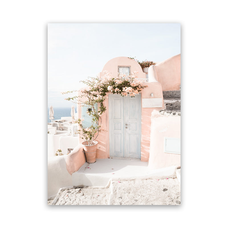 Shop Santorini Pink House III Photo Canvas Art Print-Coastal, Greece, Neutrals, Photography, Photography Canvas Prints, Pink, Portrait, View All-framed wall decor artwork